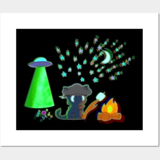 Pirate Kitty Cat Camping Alien UFO Candy Stary Moonlight Sky Halloween Trick Or Treat Graphic Illustration Novelty Posters and Art